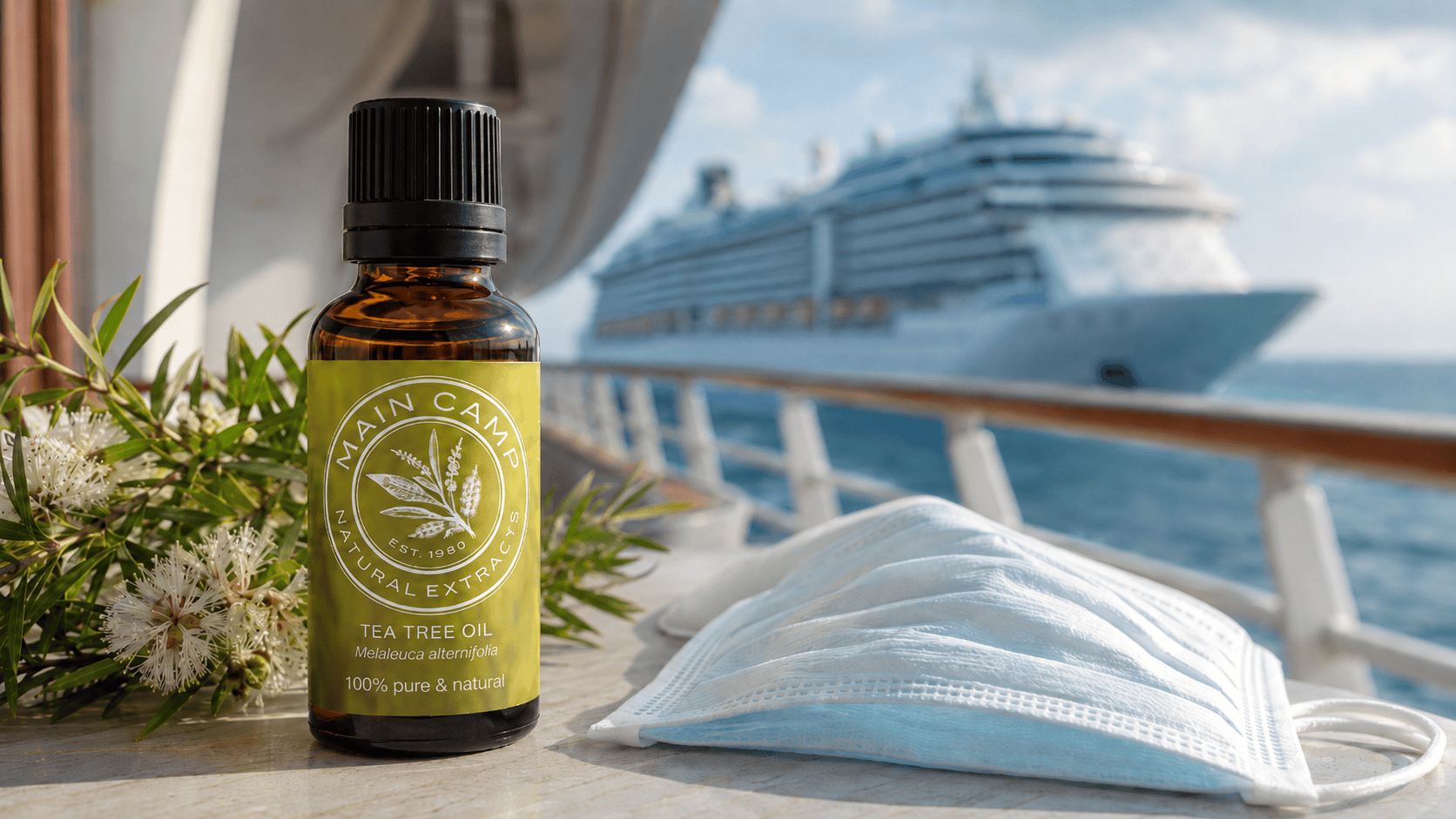 Australian Tea Tree Oil bottle with tea tree flowers, face mask and cruise ship background, representing natural hygiene, sanitising applications and pandemic preparedness.