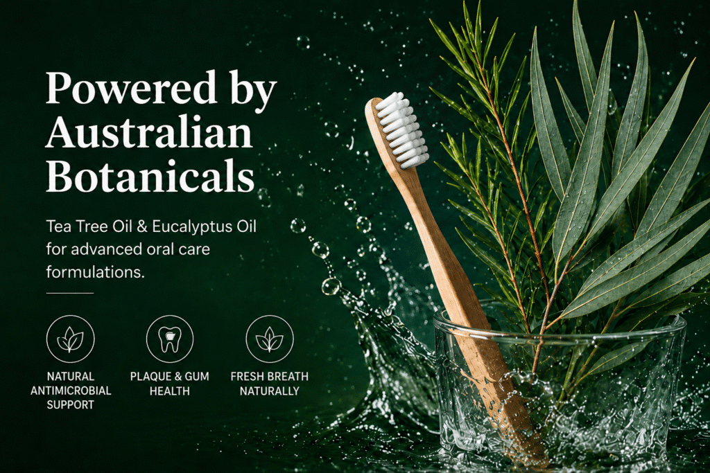 Australian Tea Tree Oil and Eucalyptus Oil for natural oral care applications, with botanical branches, toothbrush and mouthwash highlighting plaque control, gum health and fresh breath.